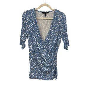 Long Tall Sally Floral Faux Wrap Top Size Medium Elbow Sleeve Blue White Boho